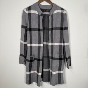 Women's Tahari Cardigan Windowpane Long Sleeve Mid-length Grey Black White Med